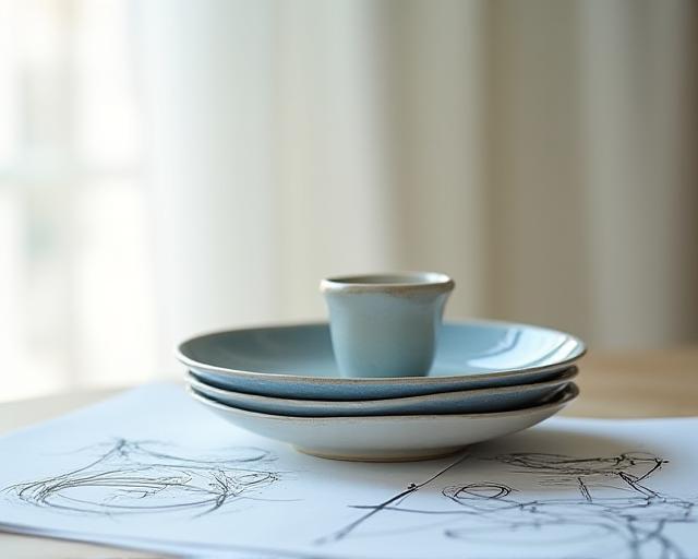 Close-up of minimalist ceramic glaze textures and sketches